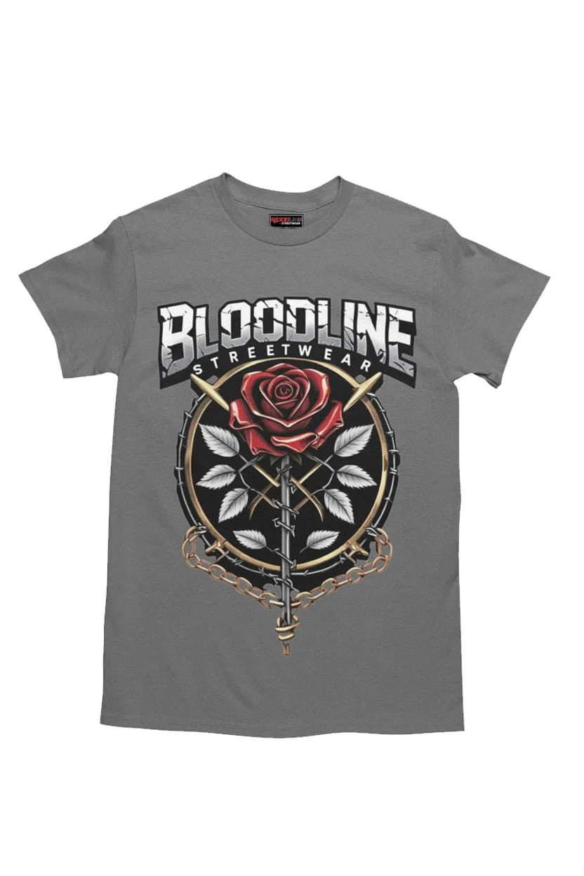 Gray t-shirt with 'Bloodline Streetwear' design featuring a rose and crossed swords on a white background.